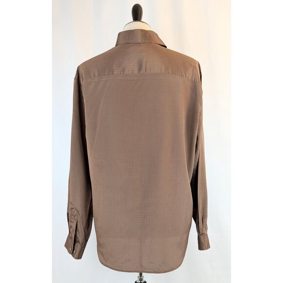 Vintage 1980s Women's Brown Silky Collared Blouse Button-Down Dress Top Sz 16 - Picture 7 of 10
